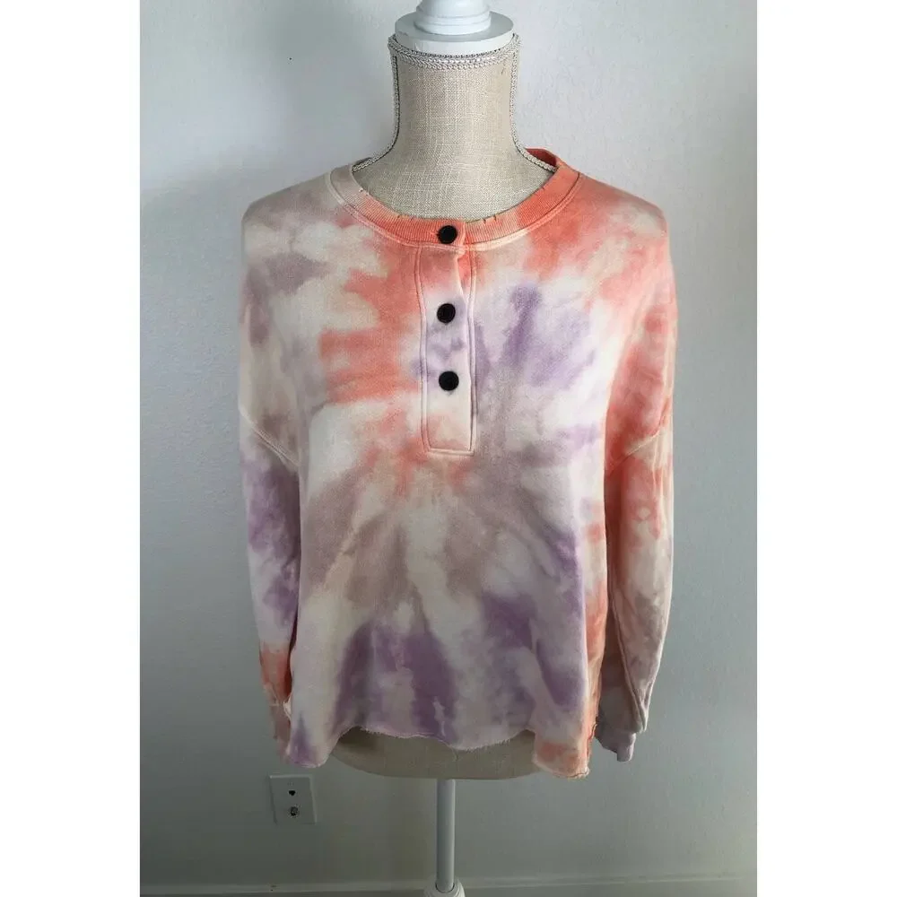 Free People N:PHILANTHROPY Front Button  Tie Dye Crop Sweatshirt Henley -M